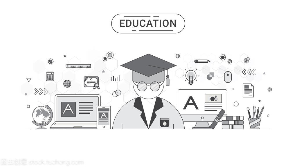 教育信息圖表概念。學生和教育圖標平線條樣式創建的矢量